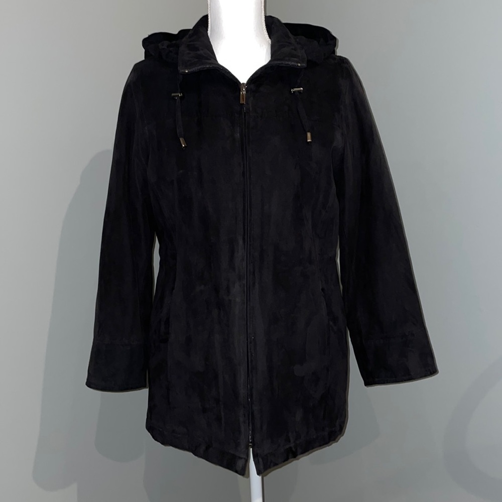 LONDON FOG WOMENS BLACK HOODED DRAWSTRING WAIST COAT